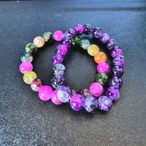 Crackle Agate Style Beaded Stretch Bracelets Colorful Fashion Set of‎ 2